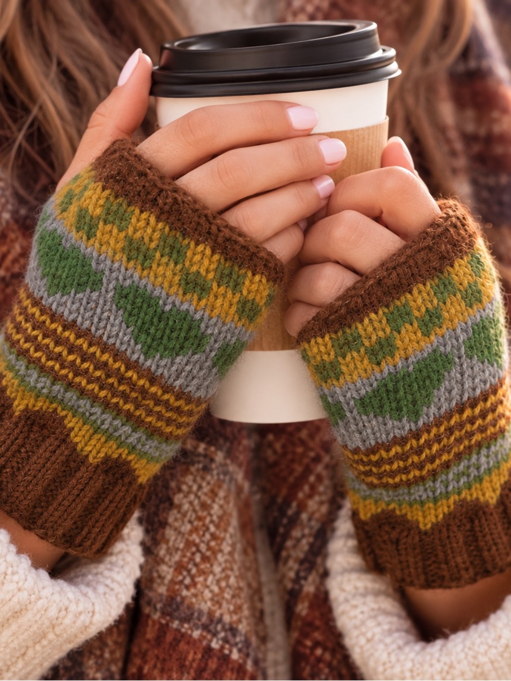 Source Unknown Hand-Knit Fingerless Gloves in Brown, Green & Gray